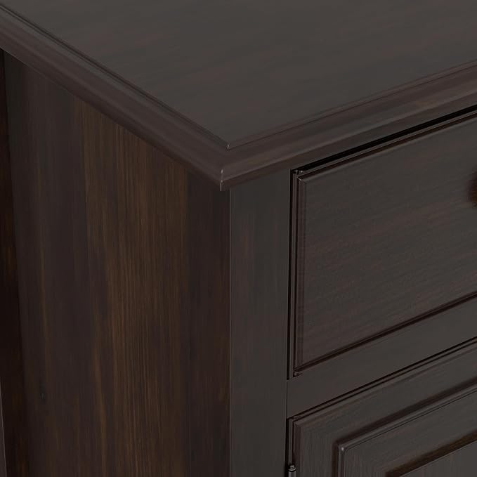 SIMPLIHOME Connaught 51" Solid Wood Cabinet in Chestnut Brown | Traditional space-saving entryway or mudroom cabinet with 3 drawers and adjustable shelves for organized household storage.