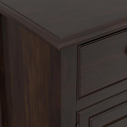 SIMPLIHOME Connaught 51" Solid Wood Cabinet in Chestnut Brown | Traditional space-saving entryway or mudroom cabinet with 3 drawers and adjustable shelves for organized household storage.