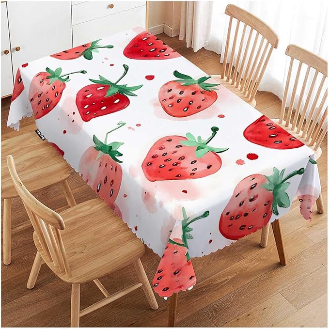 Swono Strawberry Red Tablecloth Summer Fruits Strawberry Leaves Decorative Table Cover for Kitchen, Party Banquet and Holiday Tablecloth, 52x70 Inch(4-6 Seats)