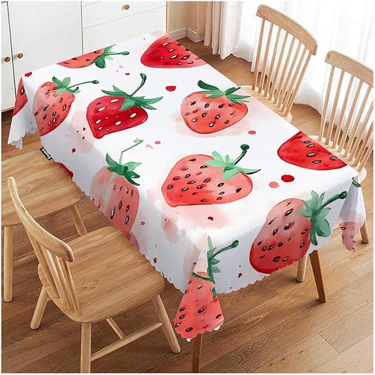 Swono Strawberry Red Tablecloth Summer Fruits Strawberry Leaves Decorative Table Cover for Kitchen, Party Banquet and Holiday Tablecloth, 52x70 Inch(4-6 Seats)