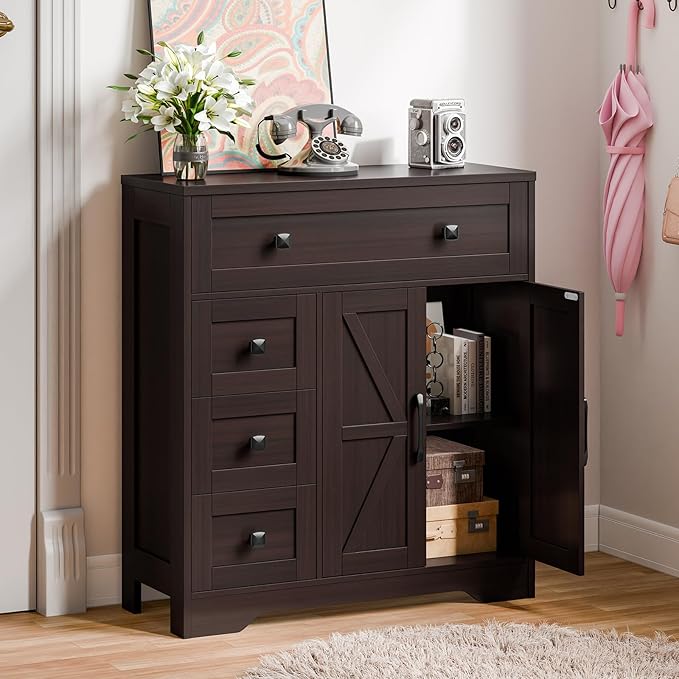 Vabches Farmhouse Storage Cabinet with 2 Doors and 4 Drawers, Freestanding Bathroom Storage Cabinet Kitchen Pantry, Floor Cupboard for Living Room/Bathroom/Kitchen,Espresso