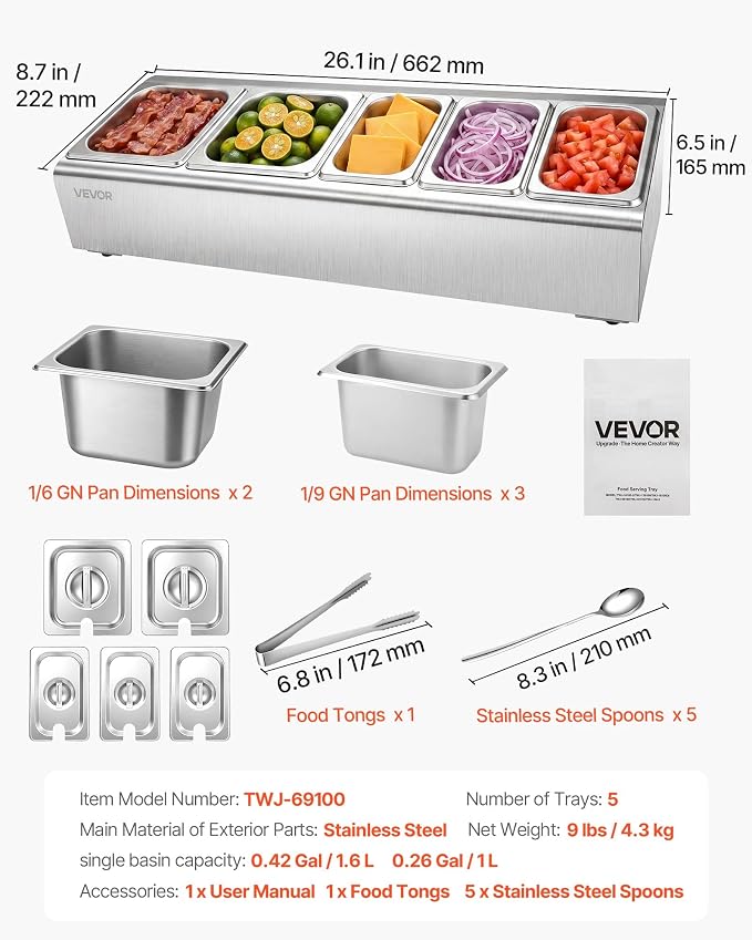 VEVOR Countertop Food Serving Display Container, Stainless Steel Food Salad Server Tray, Buffet Condiment Dispenser, Ice Cooled Rack with Separate Lid, for Restaurant Hotel Kitchen (2x1/6+3x1/9 Pan)