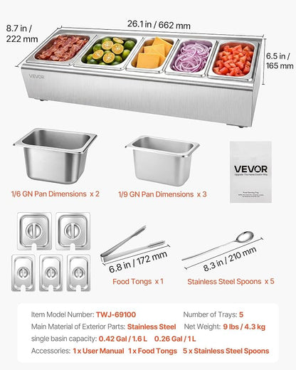 VEVOR Countertop Food Serving Display Container, Stainless Steel Food Salad Server Tray, Buffet Condiment Dispenser, Ice Cooled Rack with Separate Lid, for Restaurant Hotel Kitchen (2x1/6+3x1/9 Pan)