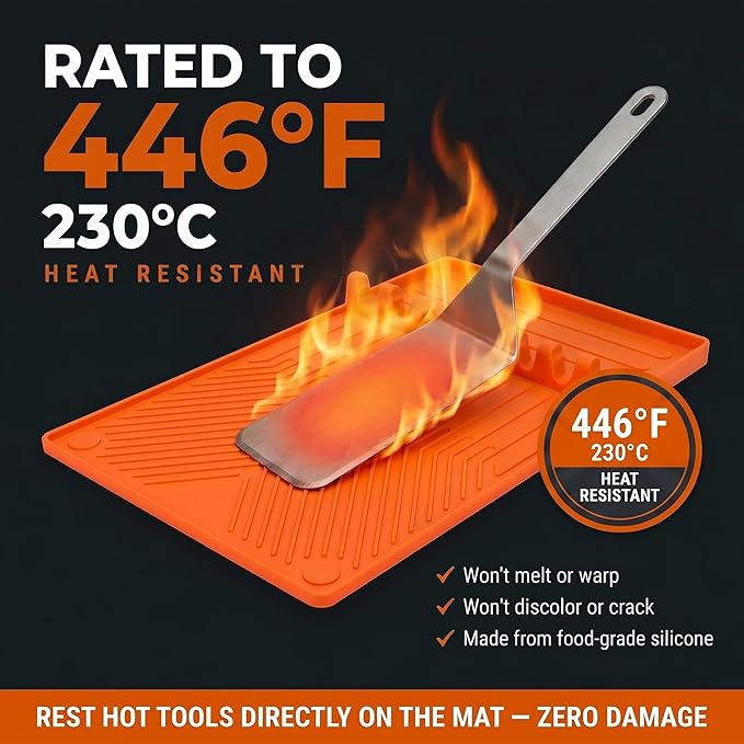 Magnetic Silicone Side Shelf Mat for Blackstone Griddle - 4 Corner Magnets, Extra Thick, Linear Drip Channels, 446°F Heat Resistant, 16"x11.5", Fits Weber Traeger Pit Boss, BBQ Gift for Men