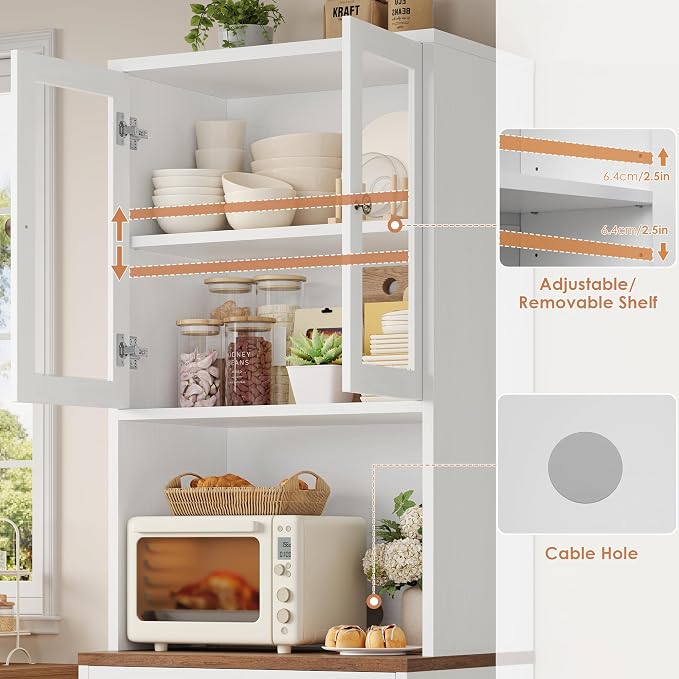 71“ Tall Kitchen Pantry Storage Cabinet with Microwave Stand, Buffet Kitchen Hutch with Shelves and Drawers, Wood Coffee Bar Pantry Cabinet with Glass Doors, for Dining Room/Small Space, White