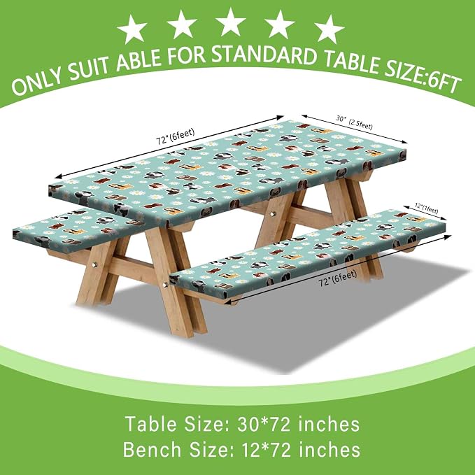 Cute Dog Picnic Table Cover with Bench Covers Camping Essentials Waterproof Windproof Funny Animal Daisy Flower Table Cover Fitted Tablecloth Cover with Elastic Edge for Outdoor 3 PCS 30x72 Inch