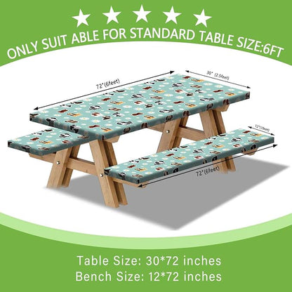 Cute Dog Picnic Table Cover with Bench Covers Camping Essentials Waterproof Windproof Funny Animal Daisy Flower Table Cover Fitted Tablecloth Cover with Elastic Edge for Outdoor 3 PCS 30x72 Inch