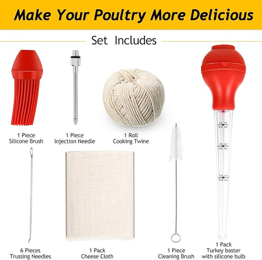 Turkey Baster with Silicone Bulb Meat Marinade Injector Needle Barbecue Basting Brush Cleaning Brush Grade 90 Cheesecloth Turkey Lacer 7 Inch Meat Trussing Needle Cooking Twine for Turkey Beef