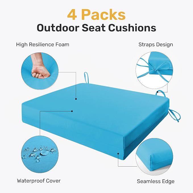 Outdoor Chair Cushions, Set of 4, 24"*24"*4", Water Resistant, Turquoise | High-Density Foam Patio Cushions with Ties, UV & Fade Resistant, Square Corner Seat Cushions for Outdoor Furniture