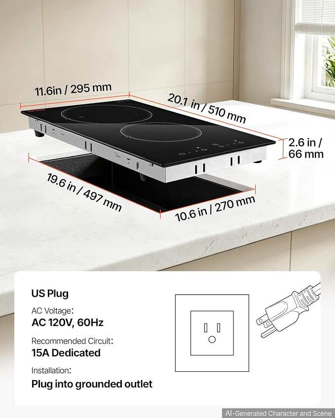VEVOR Electric Cooktop 12inch 2 Burners Portable Stove Top 1800W 120V, Ceramic Countertop/Built-in Radiant Electric Stove, with 9 Power Levels, Timer, Child Lock, Over-Heat Guard, Touch Control