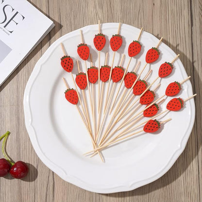 Minisland Red Strawberry Cocktail Picks, 4.7 Inch Long Bamboo Fancy Toothpicks for Appetizers, Decorative Spring Summer Tropical Party Food Drinks Garnish Fruit Kabob Skewer Sticks 100 Counts -MSL420