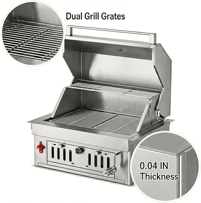 27-IN Premium 304 Stainless Steel Built-in Charcoal Grill with Adjustable Tray, Large Front Access Door, Side Vents,and Includes Griddle Plate and Accessory Set,Ideal for Outdoor Family BBQ