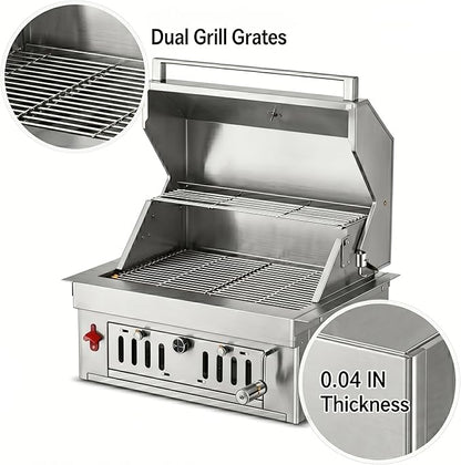 27-IN Premium 304 Stainless Steel Built-in Charcoal Grill with Adjustable Tray, Large Front Access Door, Side Vents,and Includes Griddle Plate and Accessory Set,Ideal for Outdoor Family BBQ