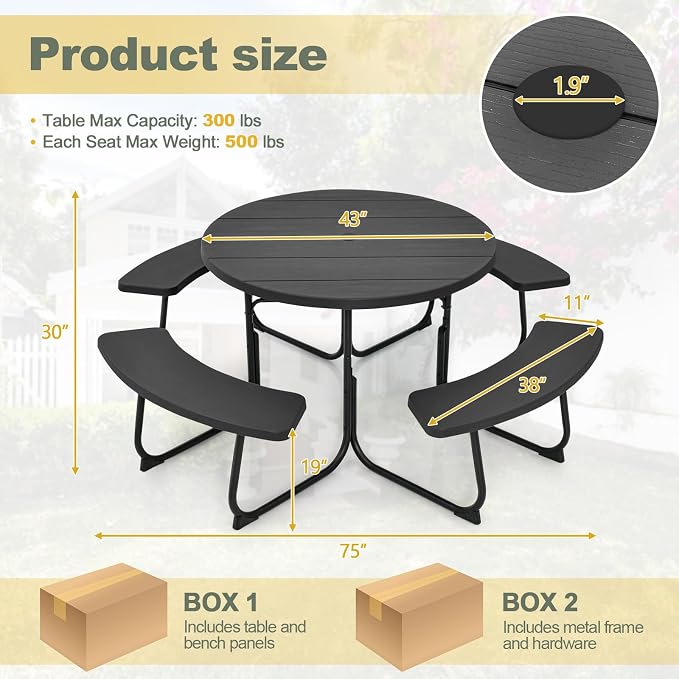 Tangkula 8 Person Picnic Table, Outdoor Round Picnic Table with 4 Built-in Benches, Umbrella Hole, Metal Frame & HDPE Tabletop, Outside Table and Bench Set for Backyard, 2300lbs Weight Capacity