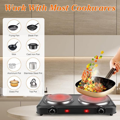 1800W Electric Stove Infrared Burner, Portable Double Burner Electric Cooktop with Stepless Temperature Adjustments, Counter Dual Stove with 7.5” Glass Cooktop for Home RV Camp Cooking