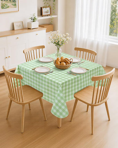 Seenus 52x52 Inch Flannel Backed Gingham Plastic Tablecloth for Square Table, Summer Light Green Checkered Square Tablecloth with Flannel Backing for Tea Party Card Table Patio Bistro