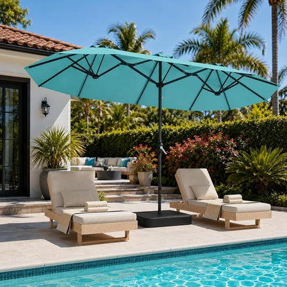 DomeShade 15ft Outdoor Umbrellas for Patio with Base,Outdoor Double-Sided Rectangle Market Umbrella with Crank Handle&Stand,Awnings for Outside Umbrellas for Poolside Lawn Backyard Garden,Turquoise