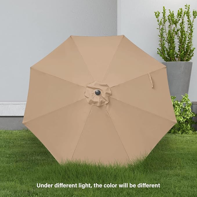 YSSOA 9' Patio Umbrella with 50lbs 20" Capacity Fillable Heavy Duty Round Base, 8 Sturdy Ribs, for Outdoor Lawn, Deck, Poolside, Tan and Black