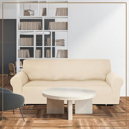 Peryiter 3 Pcs Couch and Loveseat Sofa Covers,Cream,Milk Silk | Armchair Covers for Living Room, Sofa Cushion Slipcover, Furniture Protector, Polyester and Spandex, Washable
