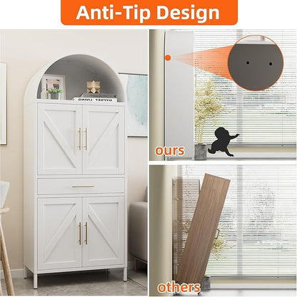 72.8" White Metal Arched Pantry Cabinet with Drawer, Tall Kitchen Storage Cabinet with 3 Adjustable Shelves, Door Storage, Magnetic Closure & Anti-Tip Kit, White, Assembly Required