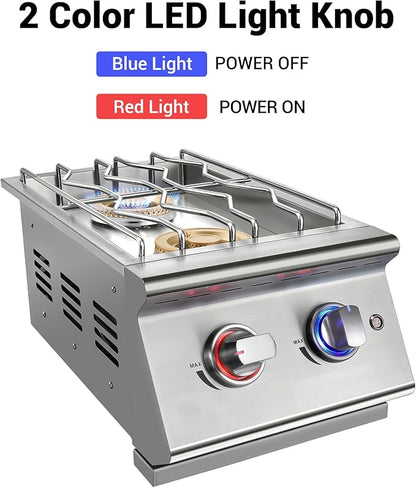 Double Grilling Side Burners for Outdoor Kitchen, 2 * 17,000BTU Nature Gas Burners, Convertible to Liquid Propane, Duty Heavy 304 Stainless Steel, Built-in Side Burner for BBQ Island Grill