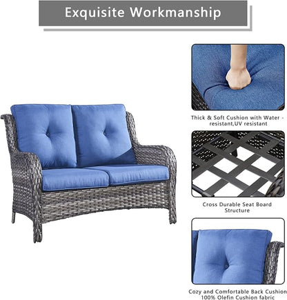 Rilyson Luxury Patio Outdoor Wicker Loveseat 500 Lbs Weight Capacity, Rattan Outdoor 2 seat Sofa Wicker with Deep Seating and Replaceable Cushions for Outside Porch Deck Balcony (Mixed Grey/Blue)