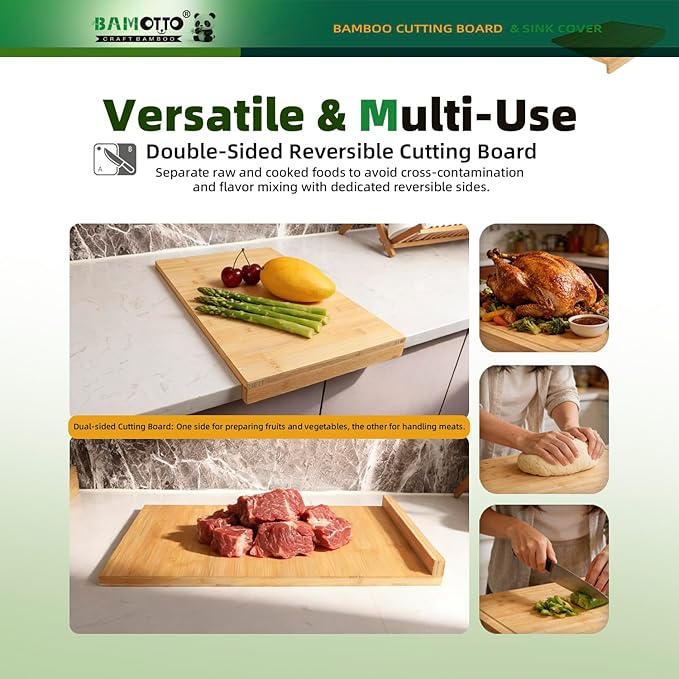 BAMOTTO CRAFTBAMBOO 12.5x20.4 Inch Bamboo Cutting Board, Built-in Front Lip, Flat Both Sides, Non-Slip RV Camper Stove Cover, Over Sink Chopping Board for Small Kitchen, Lightweight 4.76 lbs