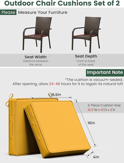 Outdoor Chair Cushion 18.5 x 16 x 4 Inches Patio Furniture Outdoor Waterproof Seat Cushion, Patio Chair Cushion with Handles and Ties, Square Dining Chair Cushion Set of 2, Yellow