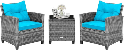 HAPPYGRILL 3 Pieces Patio Conversation Set, Outdoor Furniture Set PE Rattan Sofa Set with Removable Cushions, PE Wicker Chairs with Tempered Glass Side Table for Porch Lawn Garden Balcony Backyard