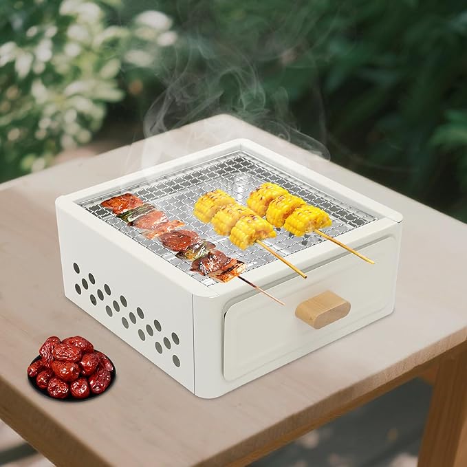 Portable Charcoal Grill, 12.2”x12.2” Square Tabletop BBQ Stove for Outdoor Cooking, Camping, Picnics, Hiking, Compact Outdoor BBQ Grill w/Grill Net & Baking Tray for Barbecuing (White)