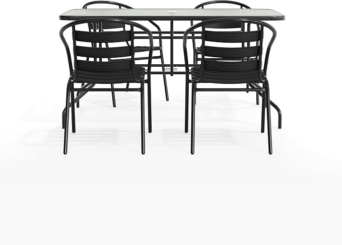 Flash Furniture Lila 5 Piece Patio Dining Set - 55" Tempered Glass Patio Table with Umbrella Hole - 4 Black Metal Aluminum Slat Stack Chairs
