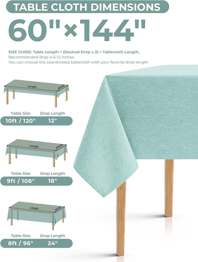 Decorelia Faux Linen Farmhouse Table Cloth 60"x144" for 10 ft Rectangle Table, Aqua Waterproof Outdoor Washable Cloth Tablecloth for Rectangular Dining Room Kitchen Outdoor Party Restaurant Table