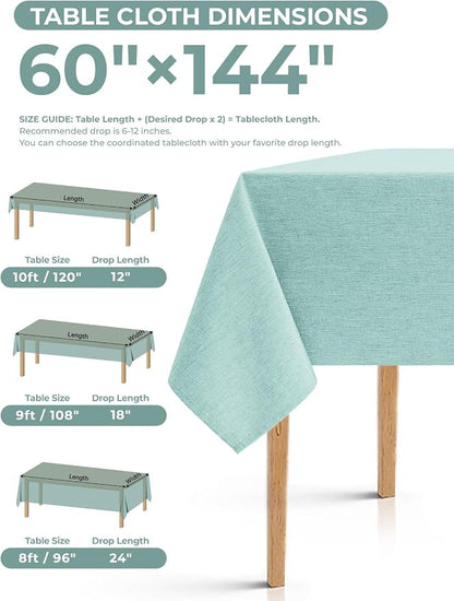 Decorelia Faux Linen Farmhouse Table Cloth 60"x144" for 10 ft Rectangle Table, Aqua Waterproof Outdoor Washable Cloth Tablecloth for Rectangular Dining Room Kitchen Outdoor Party Restaurant Table