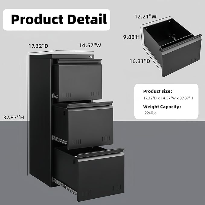 Approgreent Vertical 3 Drawer File Cabient with Lock, Metal Filing Cabinets for Home Office, Heavty Duty Office Storage Cabinet for A4/Letter/Legal (Matte Black)