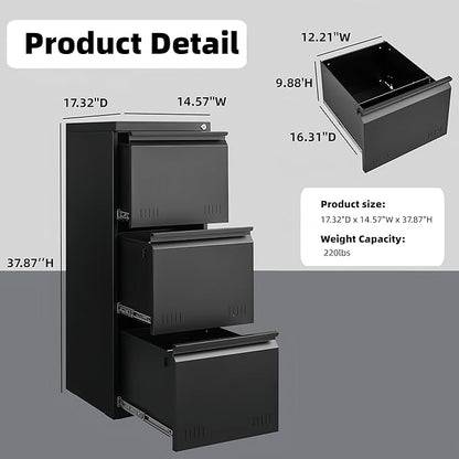 Approgreent Vertical 3 Drawer File Cabient with Lock, Metal Filing Cabinets for Home Office, Heavty Duty Office Storage Cabinet for A4/Letter/Legal (Matte Black)