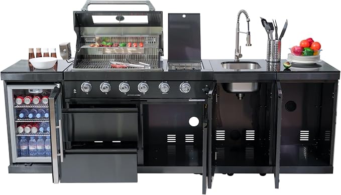 104" Modular Outdoor Kitchen Island with Grill and Side Burner, 4-Burner 72,000 BTU Propane BBQ Island, Refrigerator, Separate Sink & Prep Station, for Backyard and Patio Cooking, Black