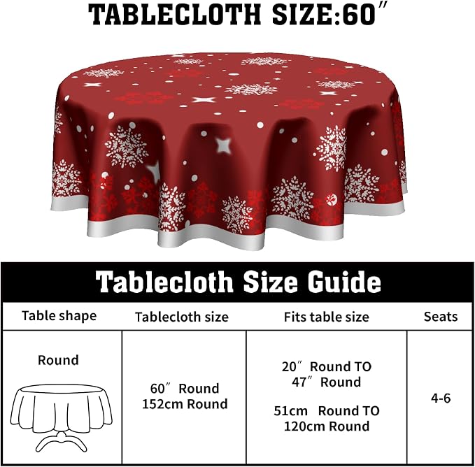 Sweetshow Xmas Table Cloth Round Winter Red White Snowflake Stars Tablecloth 60 Inch Decor Washable Stain and Wrinkle Resistant Round Table Cover for Dining Picnic