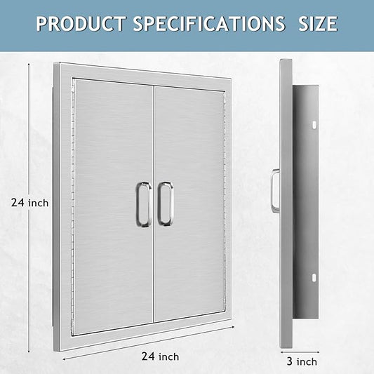 Hally BBQ Access Door 24" W x 24" H of 304 Stainless Steel Double Doors with 2 Detachable Handles and 4 Hooks, Outdoor Kitchen Doors for BBQ Island, Grilling Station, Outdoor Cabinet