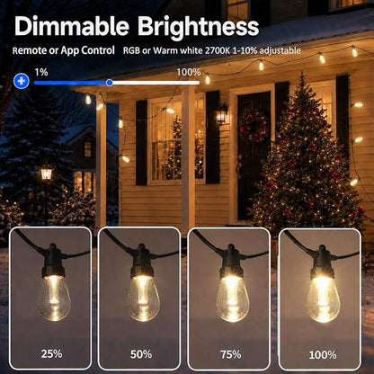 XHT Outdoor String Lights 49FT, Color Changing RGBW Patio String Lights with 15 LED Bulbs, App & Remote Control, IP66 Waterproof Shatterproof Backyard Lights