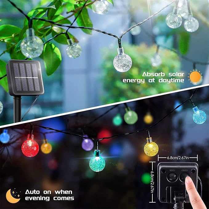 Outdoor Solar Lights, 50LED 23Ft Waterproof Auto Crystal Globe Lights | Waterproof solar garden multicolor lights with 8 modes, auto on/off decor for garden, patio, yard, wedding & party