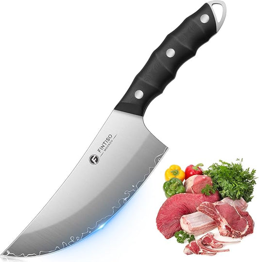FINTISO Viking Butcher Knife, 6.9 Inch Hand Forged Meat Cleaver Knife with 5-Layer High Carbon Stainless Steel, Full Tang G10 Handle, Ideal for Kitchen, BBQ, Camping & Outdoor Cooking