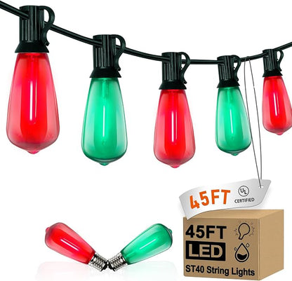 GOOTHY LED ST40 Red and Green Outdoor String Lights, 45FT Patio Lights Waterproof with 30 LED Red Green Shatterproof Bulbs, Hanging Outdoor Light for Home Party Backyard Garden Christmas Decorations