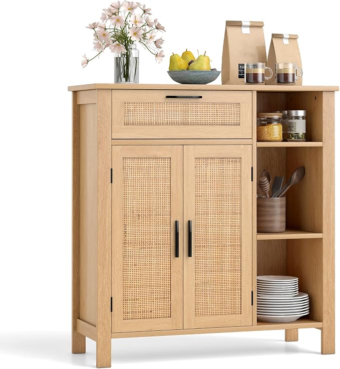 Giantex Buffet Cabinet with Storage, Boho Rattan Sideboard with 2 Doors, Drawer, 3 Open Cubbies, Adjustable Shelf, Freestanding Accent Cabinet for Kitchen,Living Room, Natural