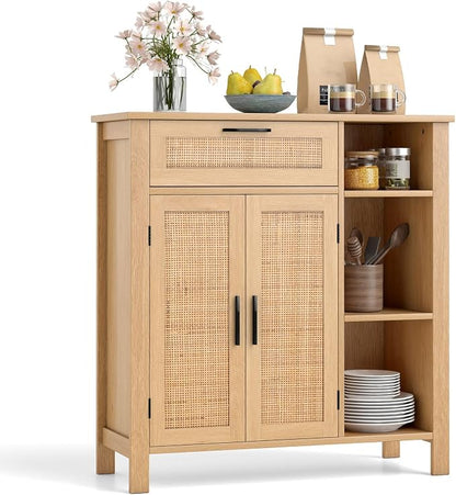 Giantex Buffet Cabinet with Storage, Boho Rattan Sideboard with 2 Doors, Drawer, 3 Open Cubbies, Adjustable Shelf, Freestanding Accent Cabinet for Kitchen,Living Room, Natural