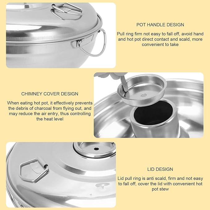 Stainless Steel Charcoal Hot Pot, 9.1" Round Dry Ice Pot for Milk Tea Desserts, Traditional Chinese Copper Style Noodle Pot for Camping Office Hotel, Portable Soup Cooker