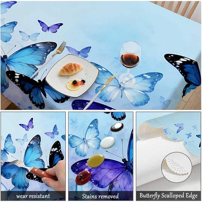 Swono Butterflies Table Cloth Rectangle Tables Nature Butterflies Blue Kitchen Table Cover Oblong 52"X70" Tablecloth for Dining Table Buffet Parties Patio and Camping
