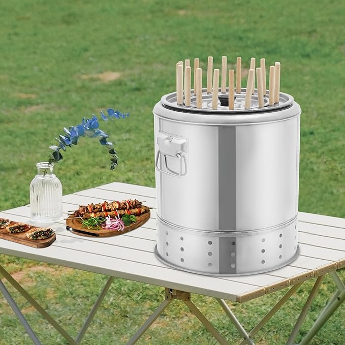 Large Portable Charcoal Grills, Stainless BBQ Grill Barrel, 360° Smokeless Outdoor Barbecue Grill for Travel Camping Grill Outdoor Cooking Picnic Patio Backyard (20 Skewers)