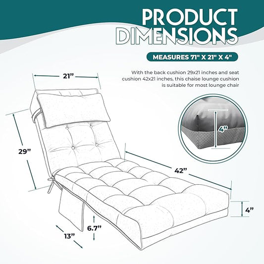 Outdoor Chaise Lounge Chair Cushion, Waterproof Outdoor Chair Cushions for Patio Furniture, 71 x 21 x 4 Inches Replacement Chaise Lounge Cushion with Ties (Grey)