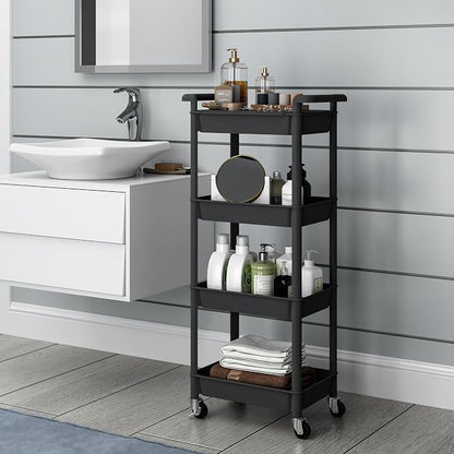 STEEHOOM 4 Tier Rolling Cart with Handle, Utility Cart with Table Top Easy Assembly Bathroom Storage Cart on Wheels for Office, Living Room, Kitchen, Craft Room, Black