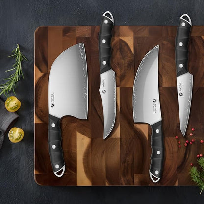 FINTISO Hand Forged Viking Knife Set, 4 PCS Kitchen Knives with Butcher Knife, Serbian Chef Knife & 2 Boning Knives, 5-Layer High Carbon Steel, Full Tang G10 Handle for Kitchen, BBQ & Camping
